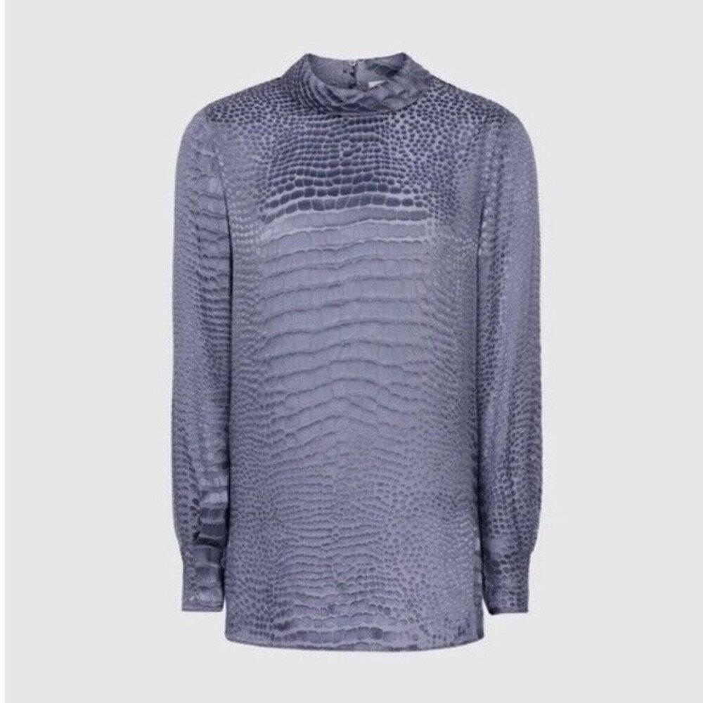 REISS Della Burnout Snake Blue Pattern Workwear Cocktail Silk Blend Blouse Top